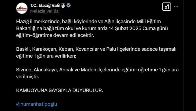 Elazığ'ın 4 ilçesinde eğitime ara verildi