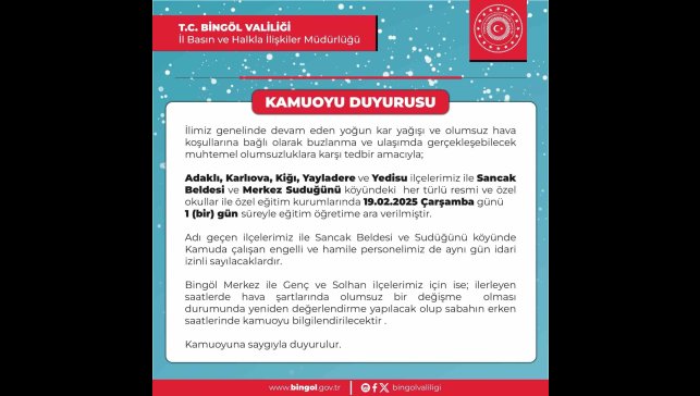 Bingöl'de okullara kar tatili