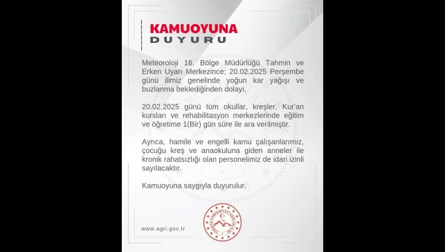 Ağrı'da yoğun kar nedeniyle eğitime ara verildi