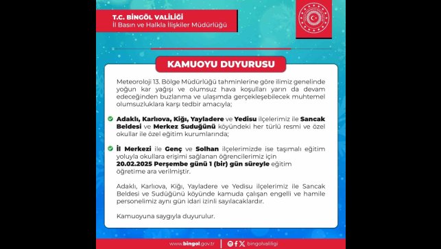 Bingöl'ün 5 ilçesinde okullara kar tatili