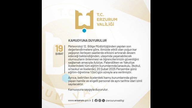 Erzurum'da eğitime 1 gün kar tatili