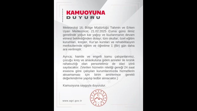 Ağrı'da eğitime 1 gün daha ara verildi