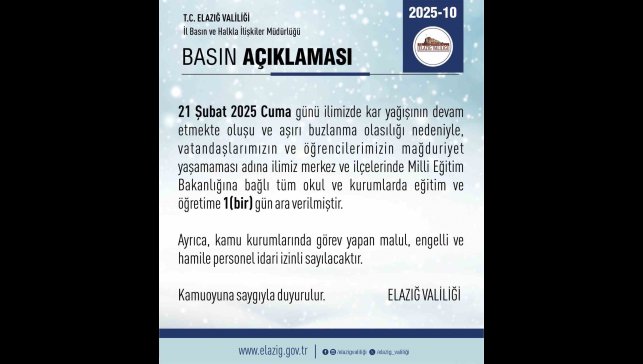 Elazığ'da eğitime kar engeli