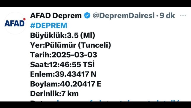 Tunceli'de korkutan deprem