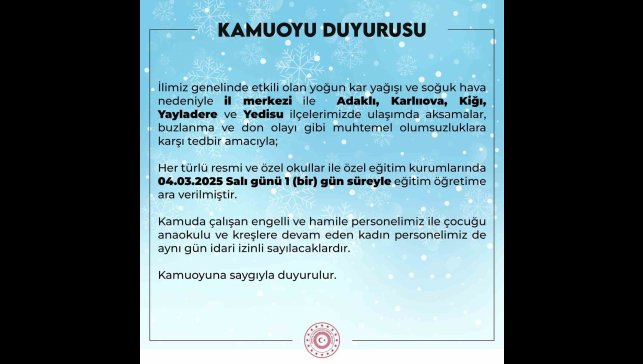 Bingöl'de eğitime 1 gün ara verildi