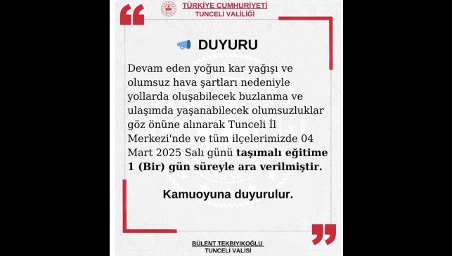 Tunceli'de eğitime 1 gün ara verildi