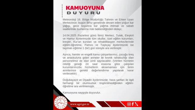 Ağrı'da eğitime ara