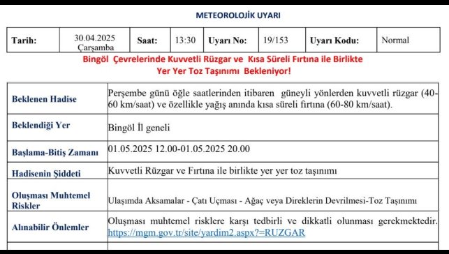 Meteorolojiden Bingöl için kuvvetli rüzgar ve fırtına uyarısı