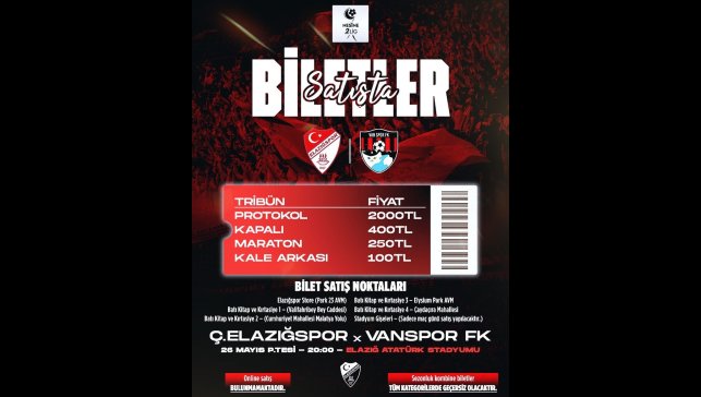 Elazığspor - Vanspor FK rövanş maçı biletleri satışta
