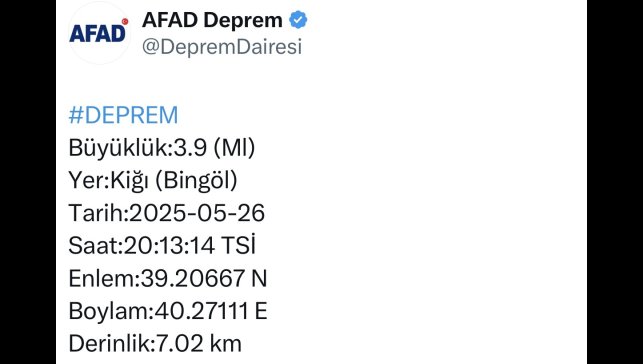 Bingöl'de 3.9 büyüklüğünde deprem