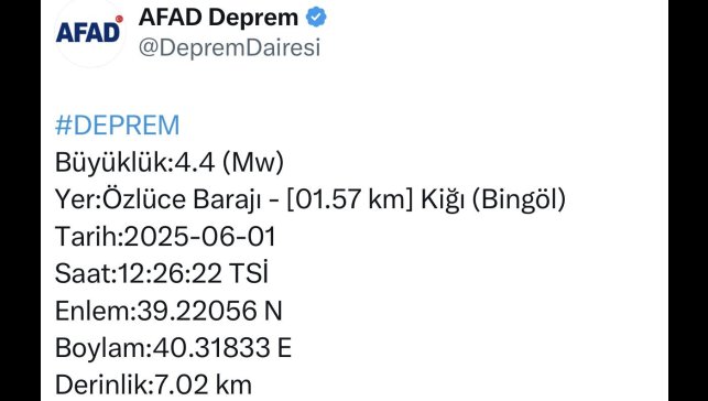 Bingöl'de 4,4 büyüklüğünde deprem