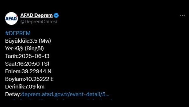 Bingöl'de 3.5 büyüklüğünde deprem