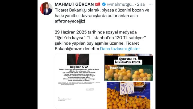 'Iğdır'da kayısı 1 TL, İstanbul'da 120 TL' paylaşımına "gerçek dışı bilgi yaymaktan" 1 milyon 400 bin TL idari para cezası