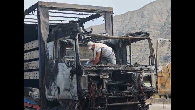 Erzurum-Artvin yolunda tır alev alev yandı