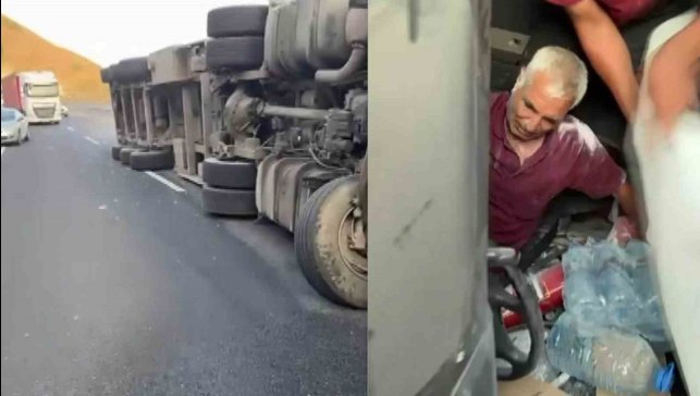 Devrilen tırda sıkışan sürücü vatandaşlar tarafından kurtarıldı