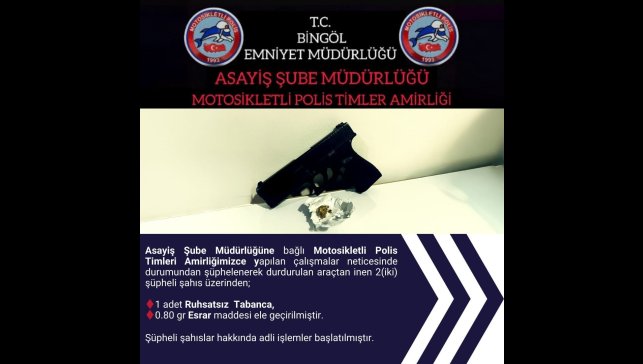 Bingöl'de ruhsatsız tabanca ve uyuşturucu ele geçirildi