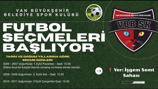 Van Büyükşehir Belediyespor Kulübünün futbol seçmeleri başlıyor