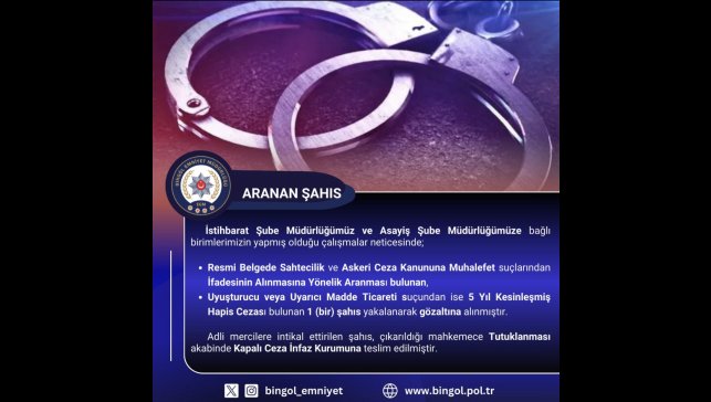 Bingöl'de kesinleşmiş hapis cezası bulunan zanlı yakalandı