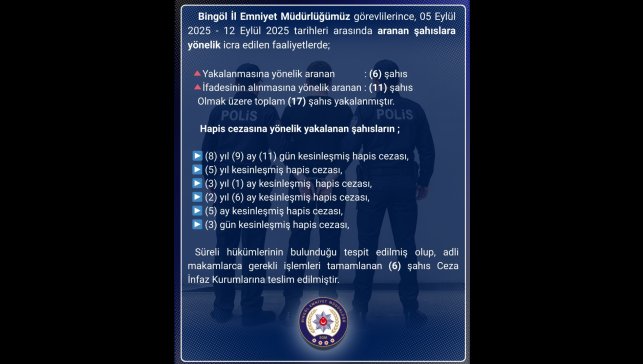 Bingöl'de aranan 17 şahıs yakalandı