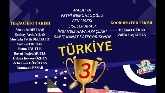 Fethi Gemuhluoğlu Fen Lisesi TEKNOFEST'te Türkiye üçüncüsü oldu