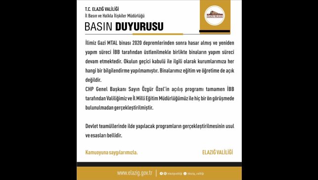 Elazığ Valiliği'nden Özgür Özel'in açılışını yaptığı okulla ilgili açıklama