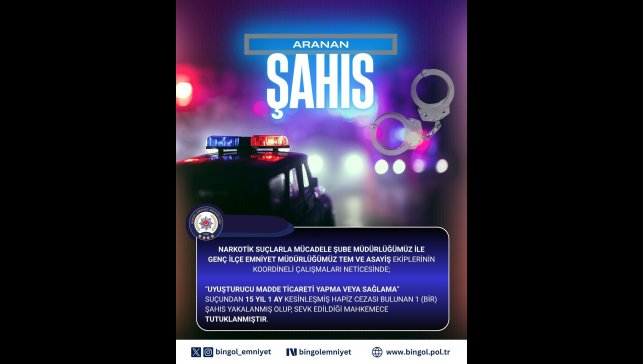 Bingöl'de hakkında 15 yıl kesinleşmiş hapis cezası bulunan zanlı tutuklandı