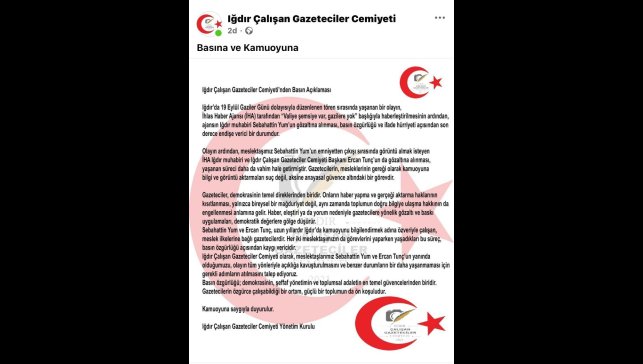Iğdır Çalışan Gazeteciler Cemiyeti'nden iki gazetecinin gözaltına alınmasına tepki