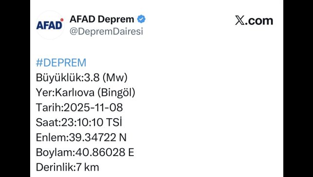 Bingöl'de 3.8 büyüklüğünde deprem