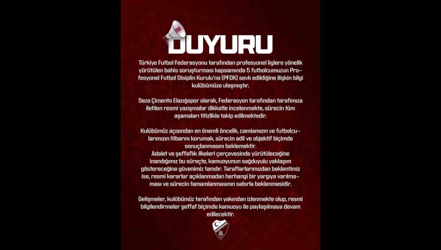 Elazığspor: "Gelişmeler kulübümüz tarafından izlenmekte"