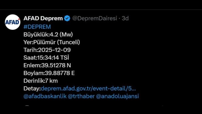 Tunceli'de 4.2 büyüklüğünde deprem