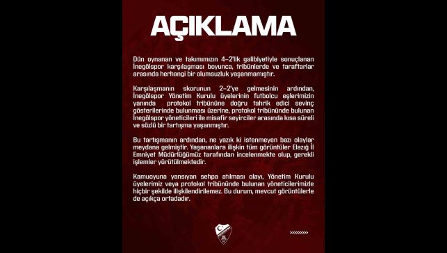 Elazığspor'dan olaylara ilişkin açıklama