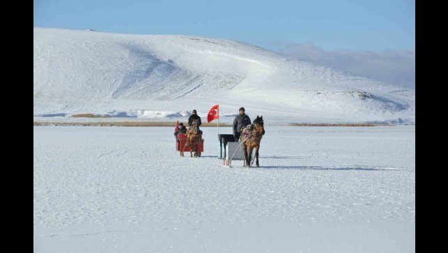 Çıldır Gölü'nde kış masalı: Atlı kızaklar buz üstünde halaylarla sezonu açtı