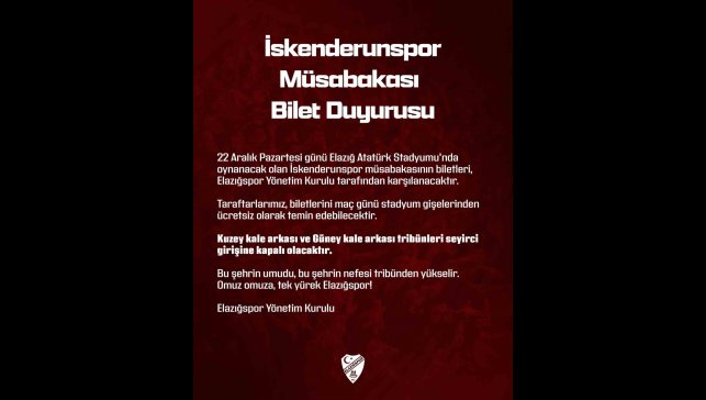 Elazığspor yönetimi, İskenderunspor maçının biletlerini ücretsiz dağıtacak