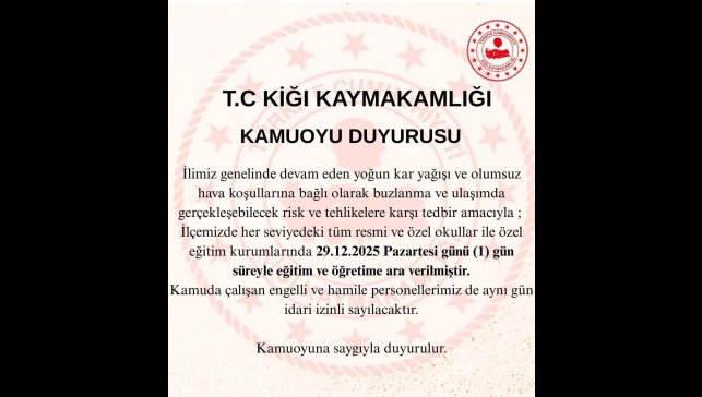 Bingöl'ün 2 ilçesinde eğitime 1 gün ara verildi