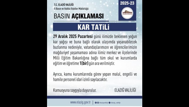Elazığ'da eğitim-öğretime 1 gün ara verildi