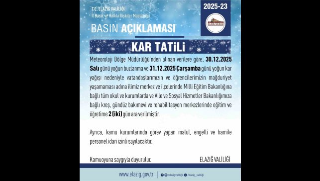 Elazığ'da eğitime 2 gün ara verildi