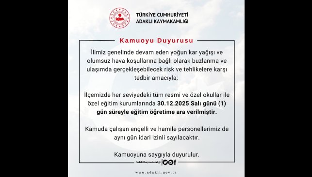 Bingöl'de kar tatili: 3 ilçede tüm okullar, merkezde taşımalı eğitime ara