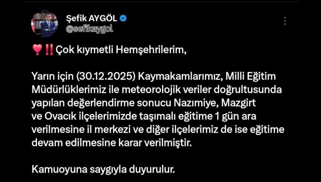 Tunceli'nin 3 ilçesinde taşımalı eğitime 1 gün ara verildi