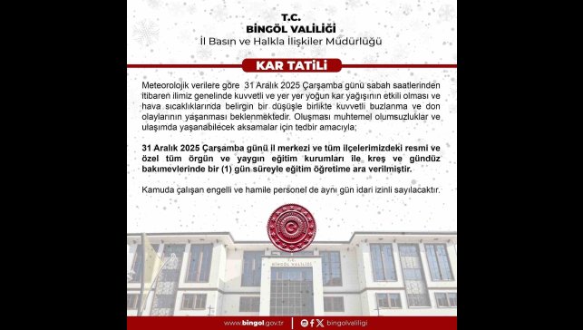 Bingöl'de eğitime 1 gün ara verildi