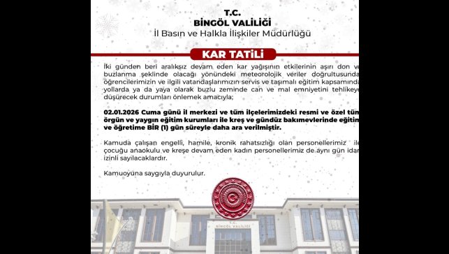 Bingöl'de eğiteme 1 gün ara verildi