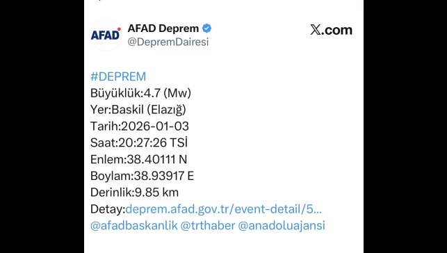 Elazığ'da 4.7 büyüklüğünde deprem