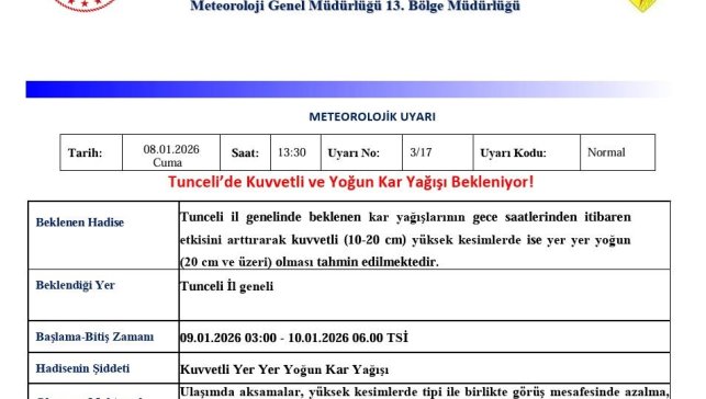 Tunceli için kuvvetli ve yoğun kar uyarısı