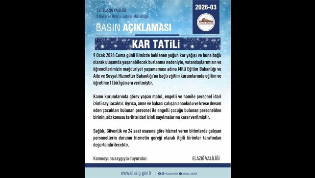 Elazığ'da eğitime 1 gün ara verildi