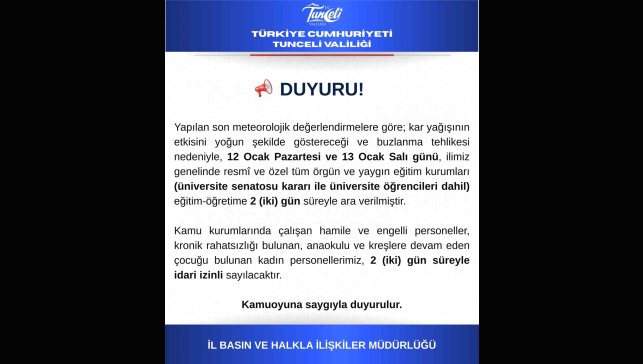 Tunceli'de eğitime 2 gün ara