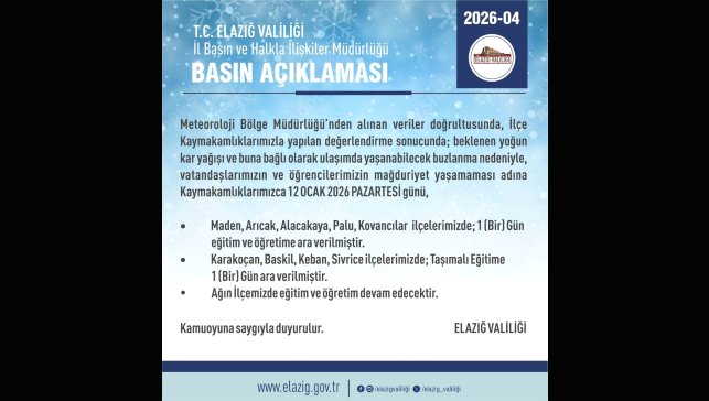 Elazığ'da 5 ilçede eğitim-öğretime ara verildi