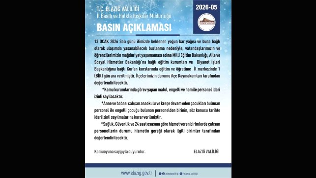 Elazığ'da eğitim-öğretime 1 gün ara verildi