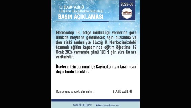 Elazığ'da taşımalı eğitime 1 gün ara
