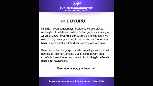 Tunceli'de eğitime 1 gün daha ara verildi