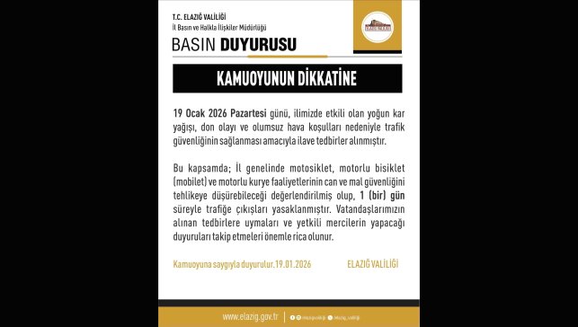 Elazığ'da motosiklet, mobilet ve motorlu kuryelerin trafiğe çıkışları yasaklandı