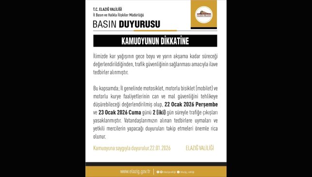 Elazığ'da motosiklet, mobilet ve motorlu kuryelerin trafiğe çıkışları yasaklandı